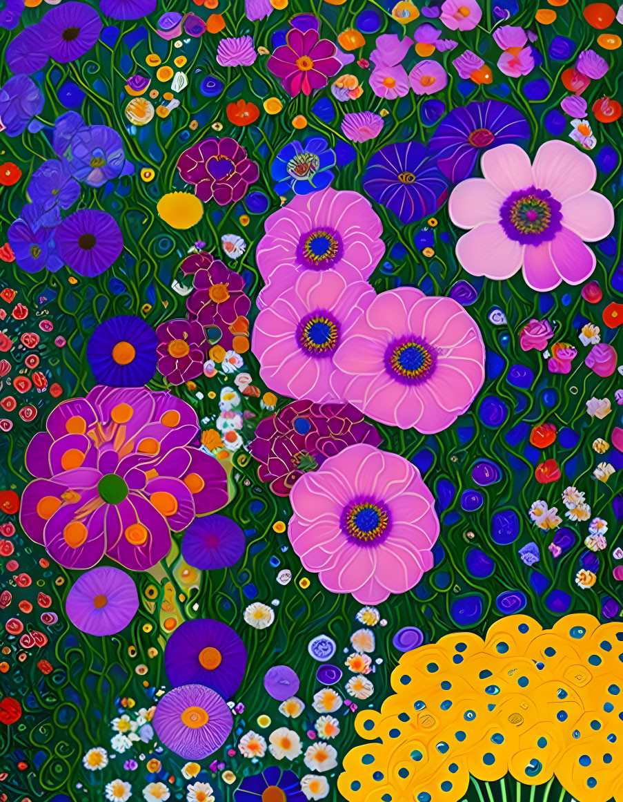 Colorful Abstract Garden Painting with Flowers in Purple, Pink, Yellow, and Red Hues