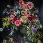 Colorful Blooming Flowers in Glass Vase on Dark Background