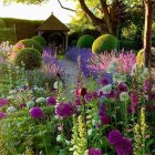 Lush Garden Scene with Colorful Flowers and Shrubs in Sunlight