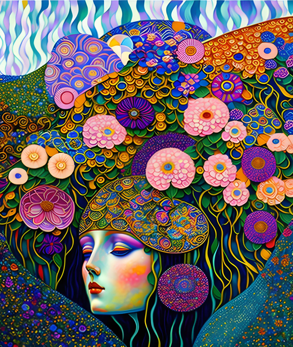 Colorful Floral Mosaic Surrounding Woman's Face