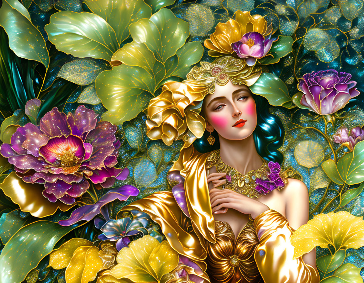 Woman adorned with gold amidst vibrant stylized flowers in elegant, fantasy-themed illustration.