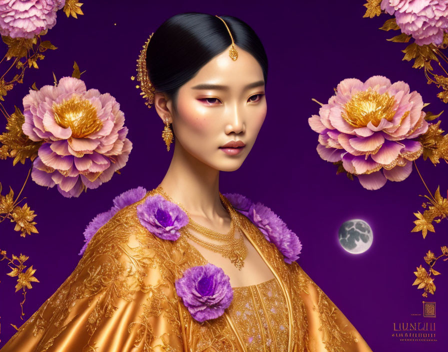 Digital artwork of woman in golden traditional attire with Asian features on purple floral background