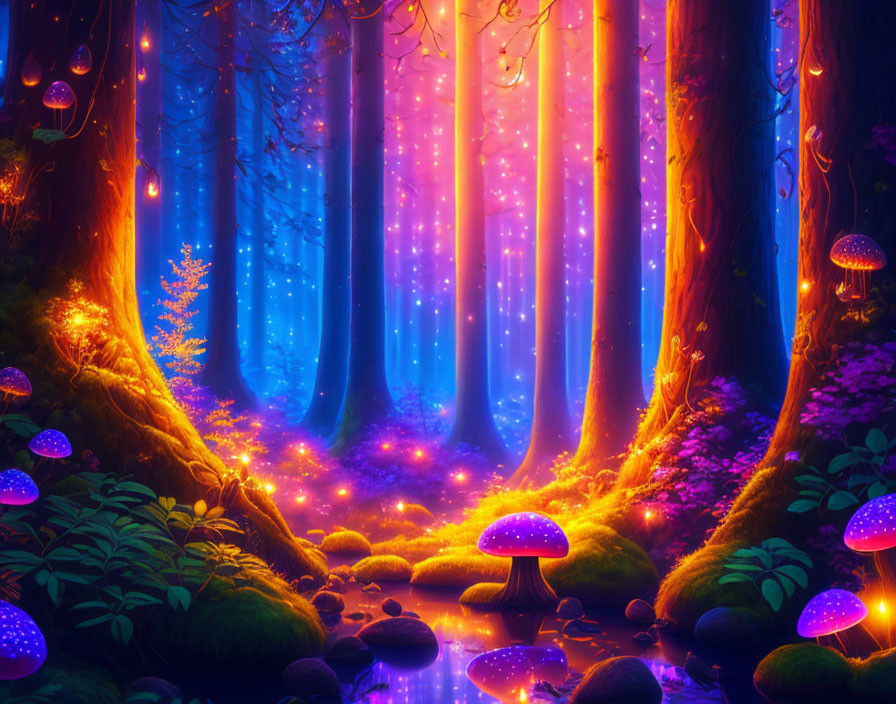 Magical forest with glowing trees, radiant mushrooms, and sparkling lights