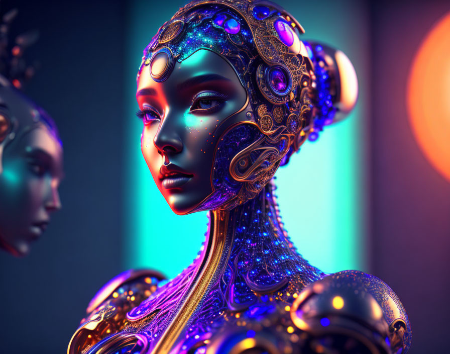 Detailed 3D rendering of female android with blue and gold accents on warm and cool background