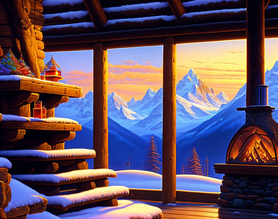 Rustic log cabin interior with fireplace and snowy mountain view