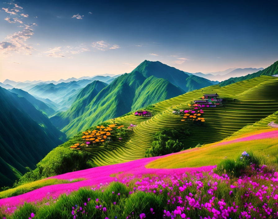 Scenic terraced flower fields with green mountains under clear sky