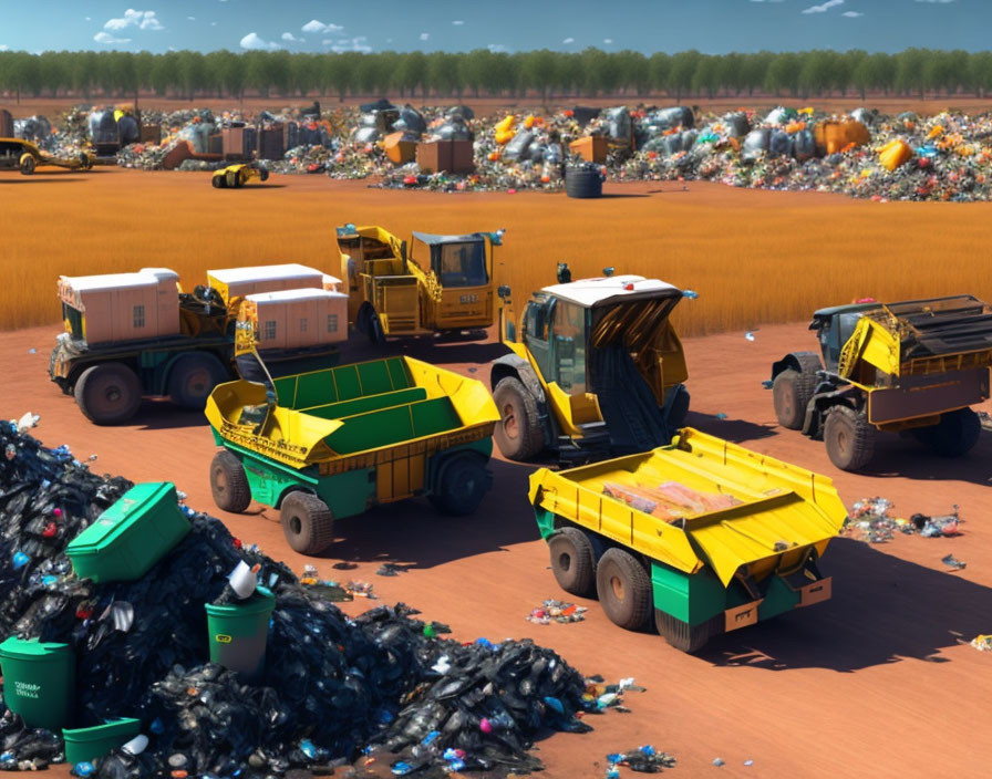 Landfill operation with heavy machinery and garbage piles under clear blue sky