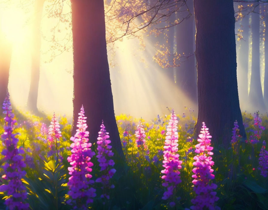 Tranquil forest scene with tall trees, sunlight, and pink flowers