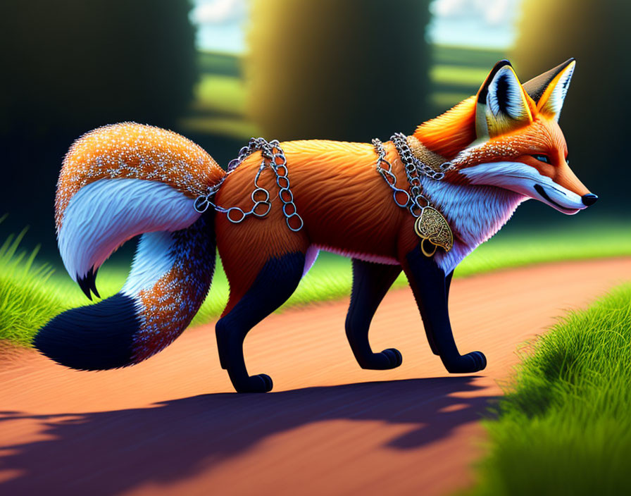 Bright orange fox with chains and medallion in forest setting