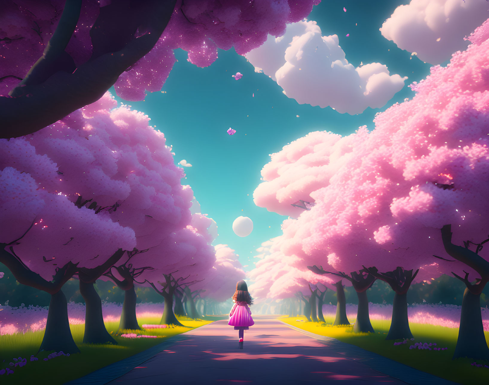 Girl in Pink Dress Walking Among Cherry Blossom Trees at Sunset