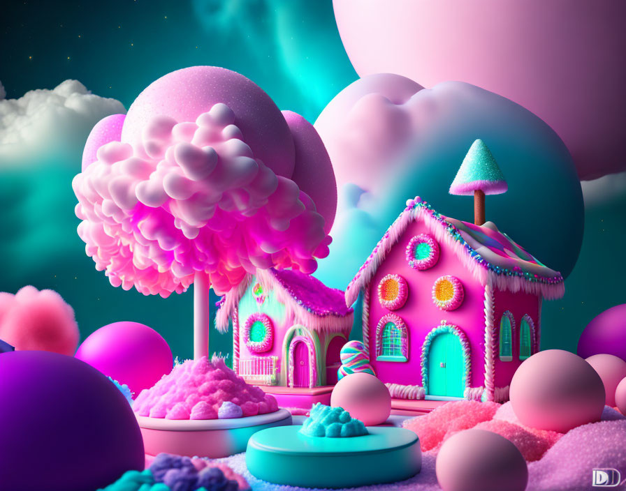 Colorful Whimsical Landscape with Candy Trees and Gingerbread House