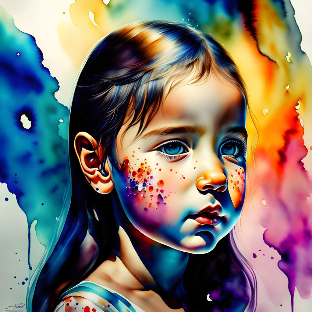 Colorful digital art of young girl with blue eyes and paint splatters