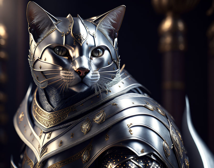 Regal cat in detailed medieval knight's armor on dark background