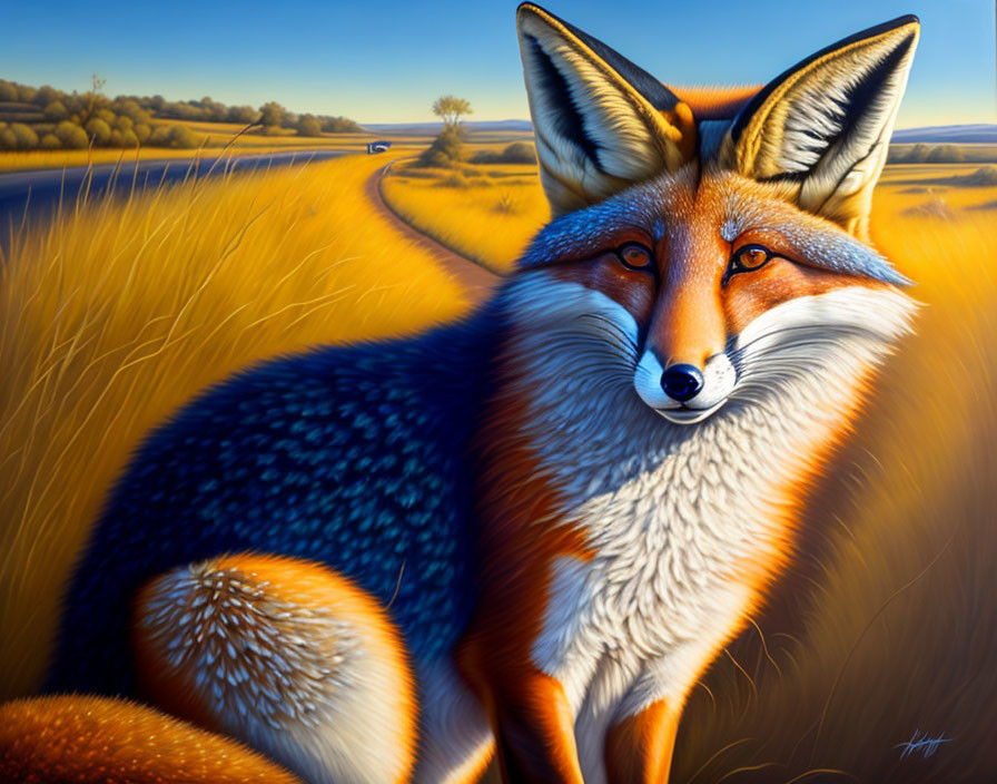 Vibrant fox in golden field with river and trees in warm sunlight