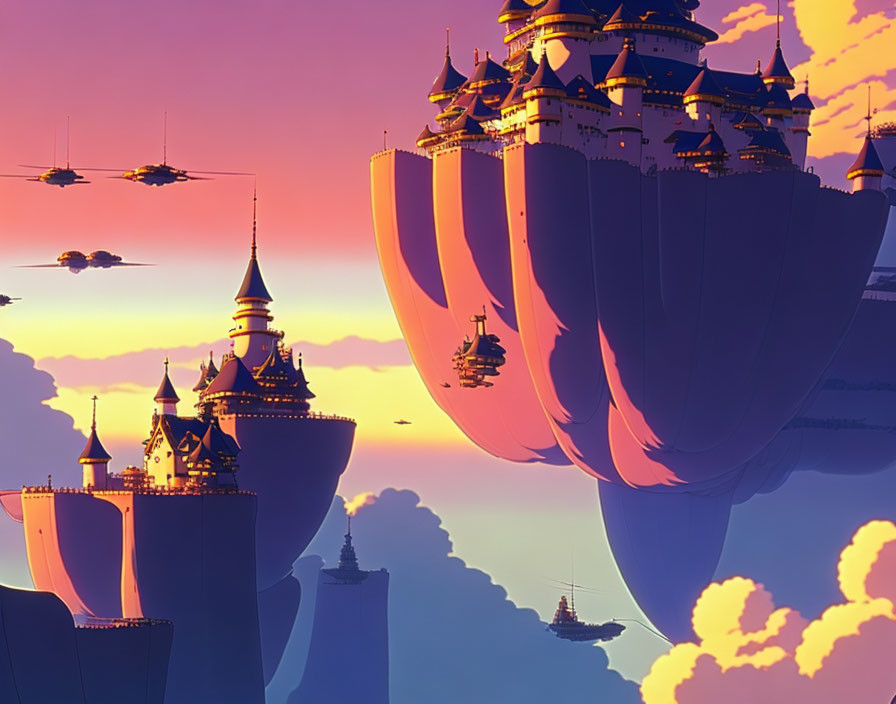 Fantasy sunset sky with floating islands and airships