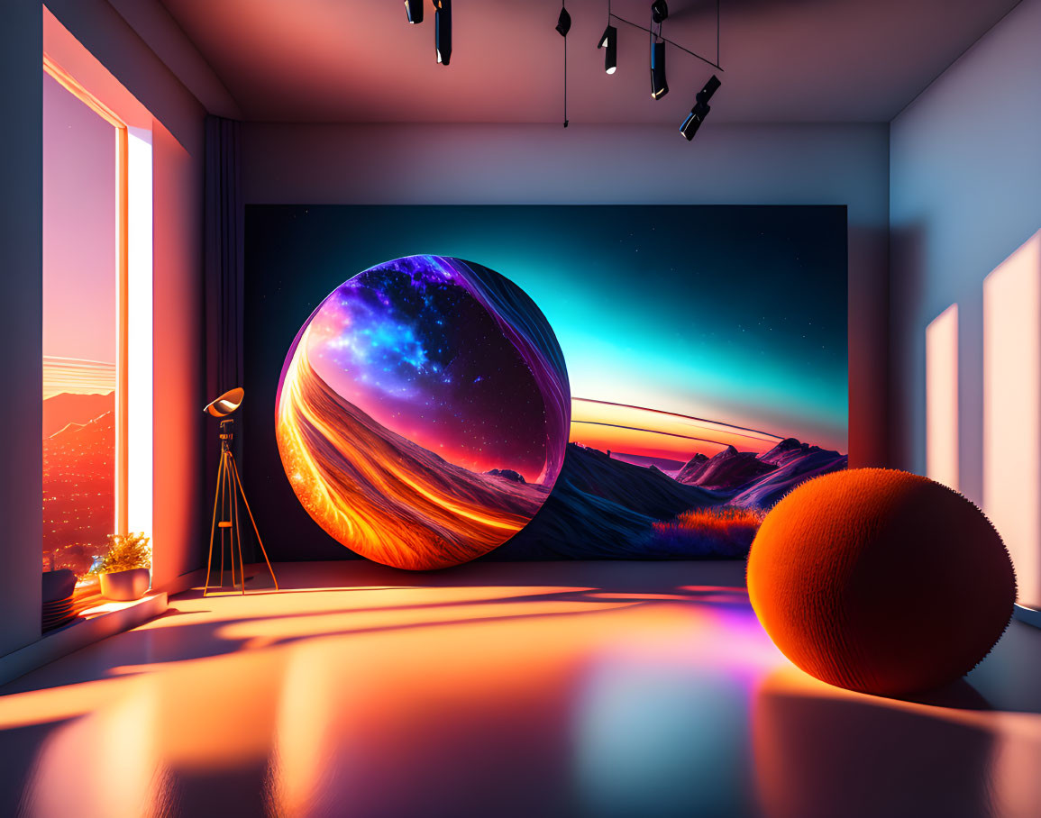 Surreal room with large window, cosmic artwork, telescope, and glowing sphere