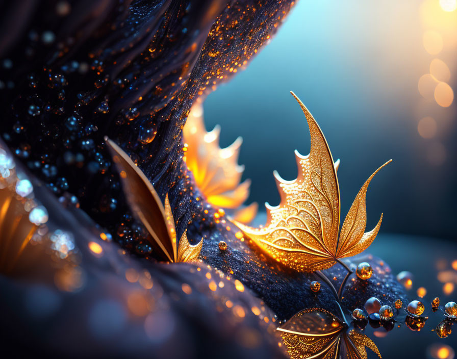 Intricately patterned golden leaf among blue fabrics and beads