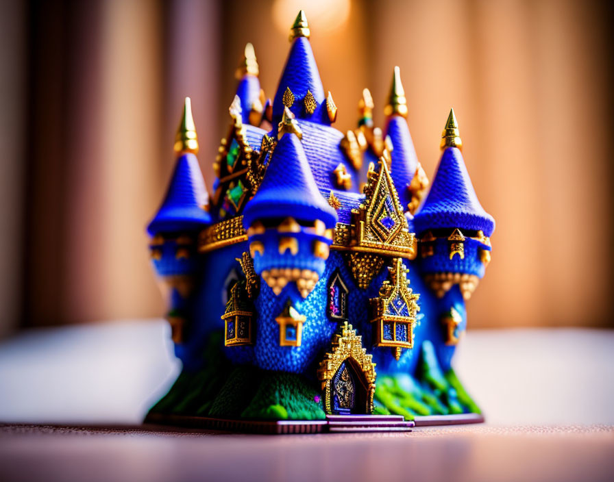 Miniature fairy-tale castle with blue roofs and golden accents