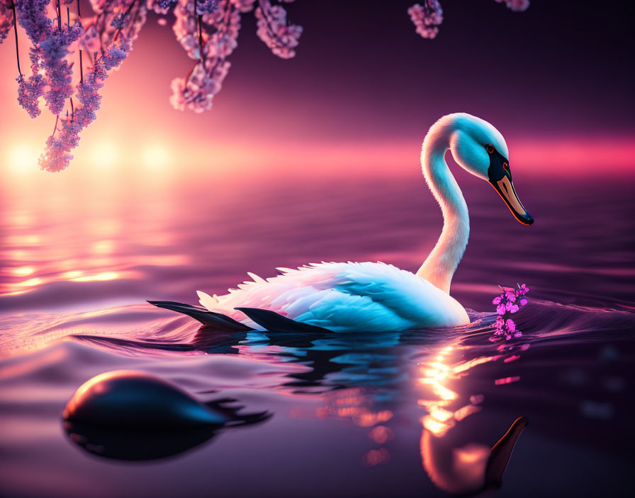 Tranquil purple lake with swan and cherry blossoms