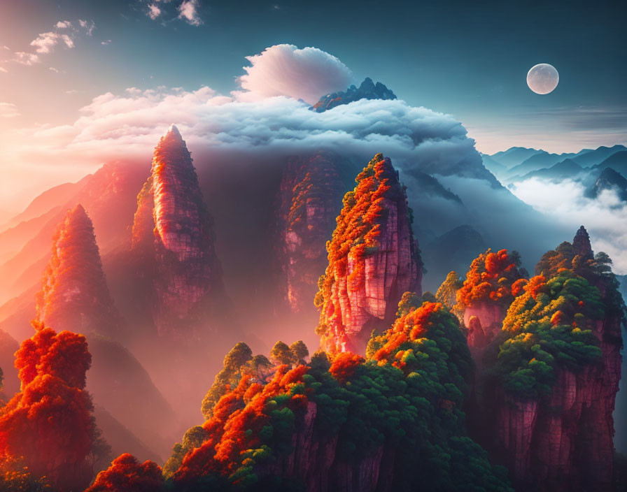 Vibrant sunset scene with mountain peaks, autumn trees, and full moon