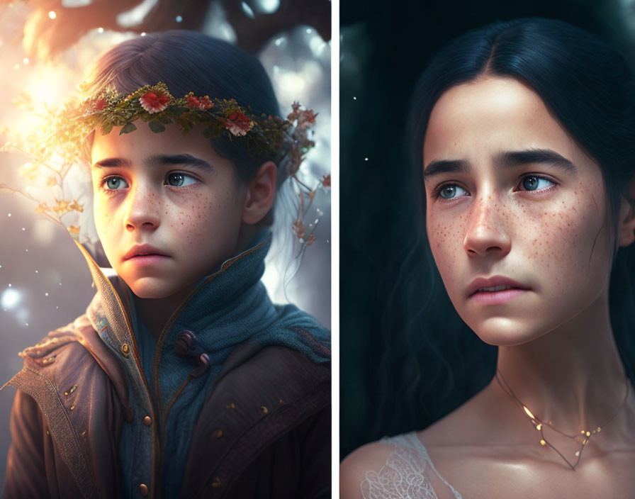 Freckled boy and girl in mystical forest diptych portrait