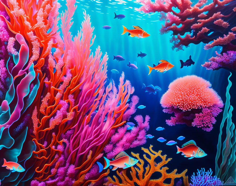 Colorful Coral and Fish in Pink, Orange, Purple Underwater Scene