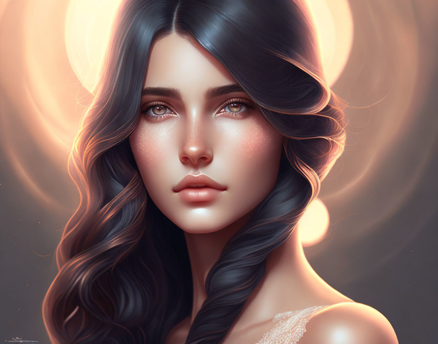 Woman with luminescent skin and captivating gaze in digital artwork