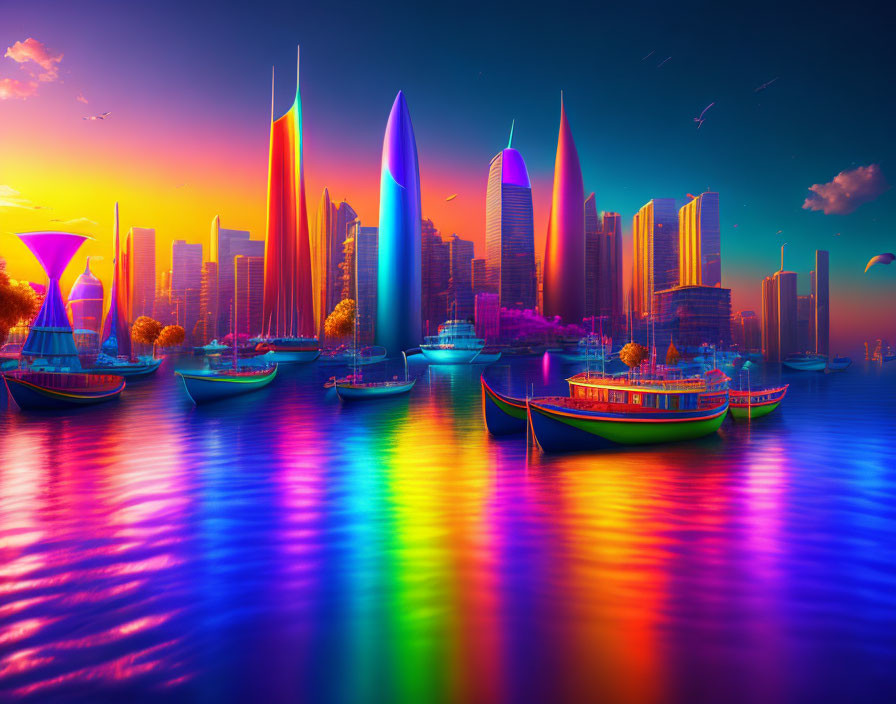 Colorful futuristic cityscape at sunset with illuminated boats & high-rise buildings reflecting in water