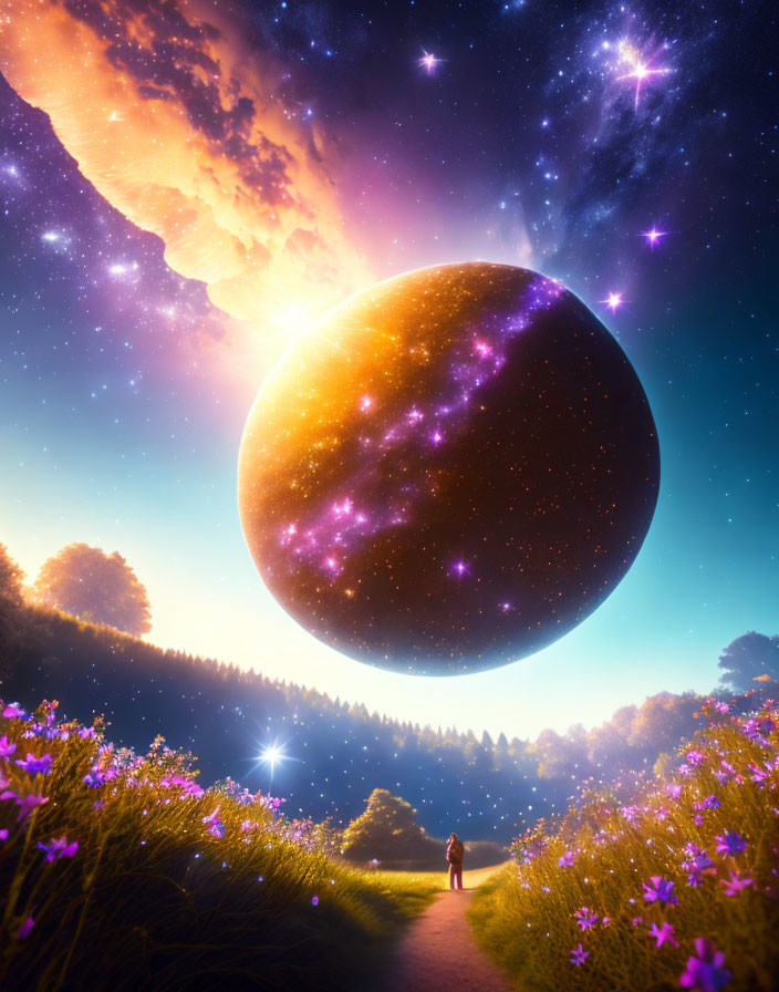 Person walking in flower field at twilight under enormous planet and stars