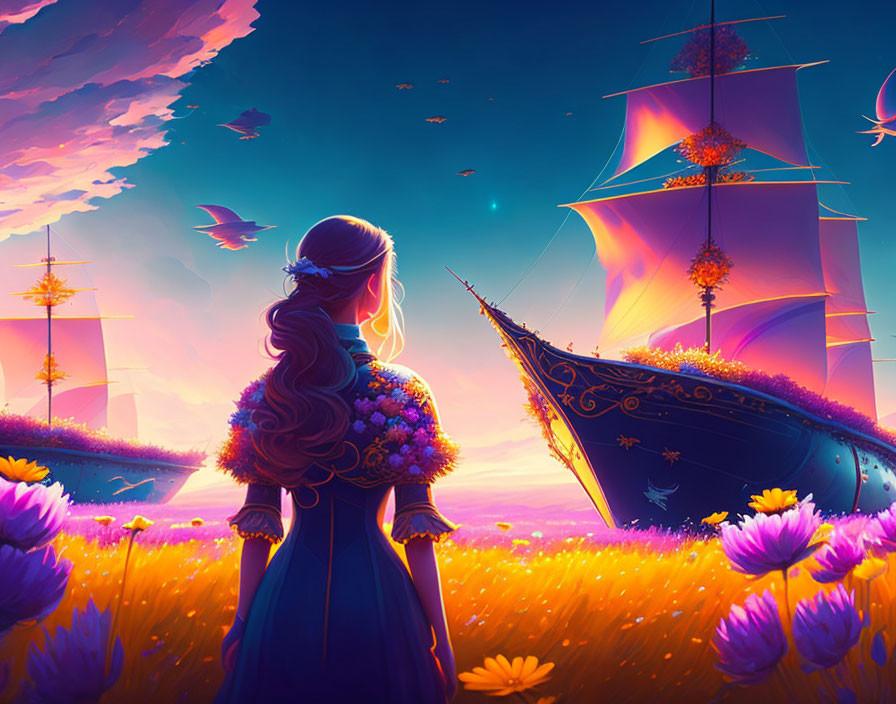Woman in Blue Dress Surrounded by Flowers and Sky Ships at Sunset