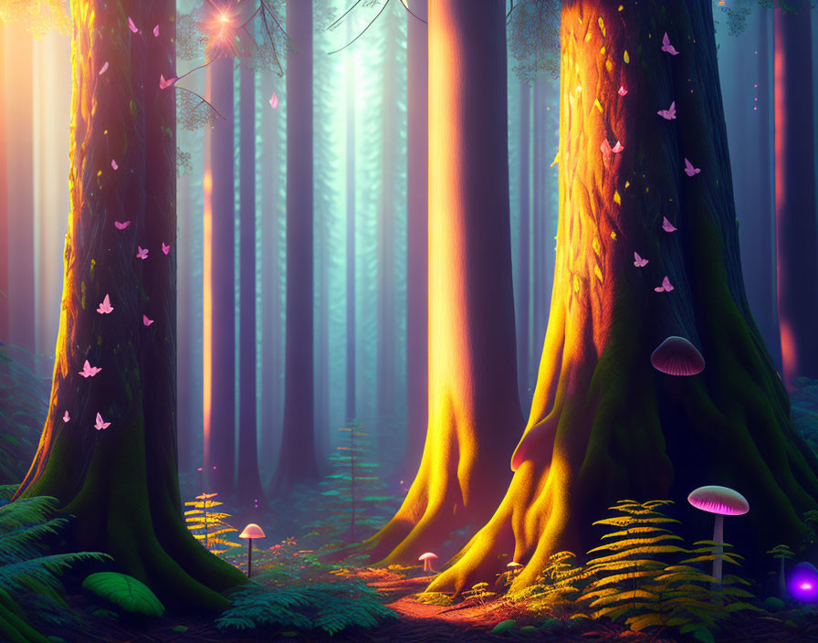 Magical Twilight Scene: Glowing Mushrooms, Butterflies, and Lights in Enchanted Forest