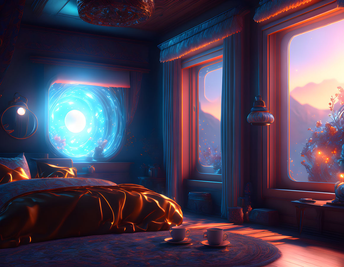 Warm Ambiance Bedroom with Golden Sheets, Blue Portal, Cups, and Mountainous Sunrise View