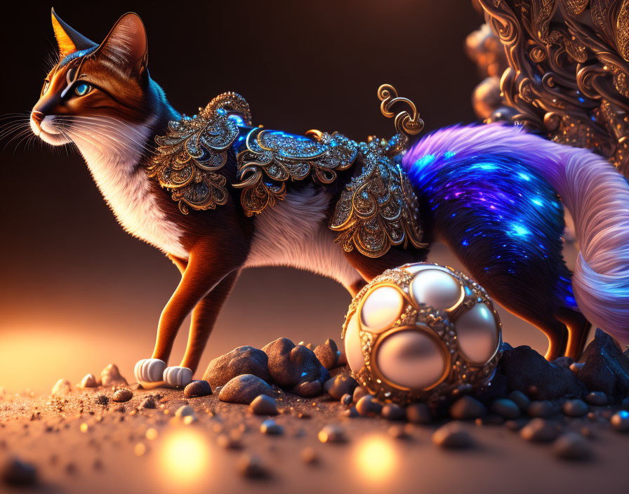 Fantasy cat in ornate armor with glowing blue tail beside decorative orb in warm, moody setting