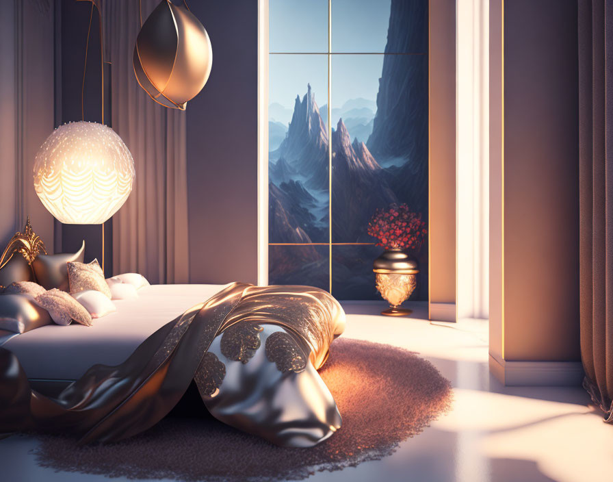 Luxurious Bedroom with Large Bed, Golden Accents, and Mountain View