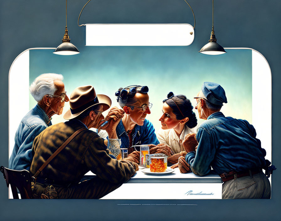 Vintage-style illustration of four people arm wrestling at diner table with onlookers