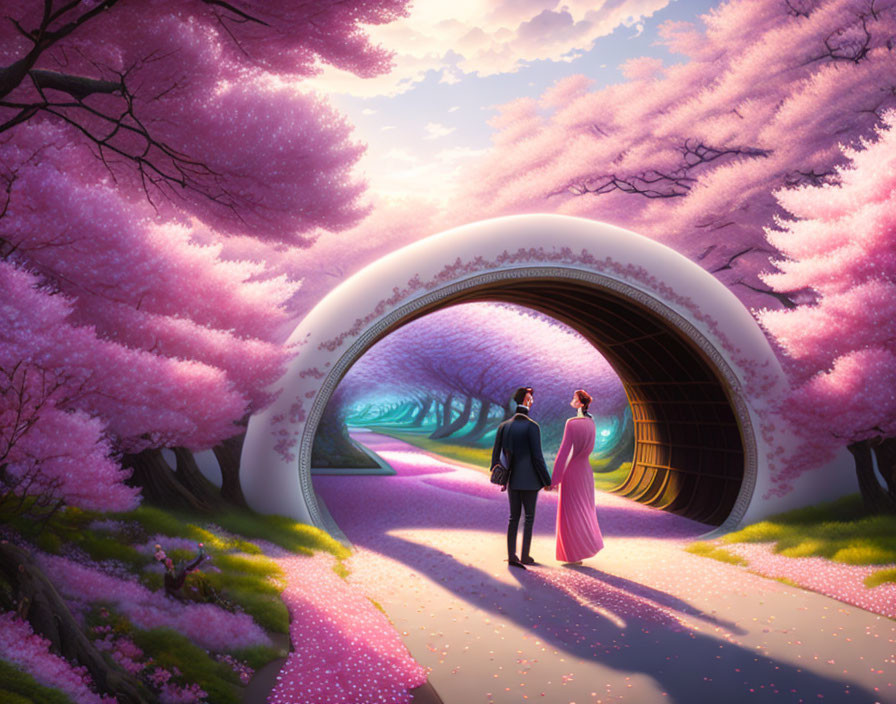 Two individuals walking towards a tunnel surrounded by pink blossoming trees under a purple sky