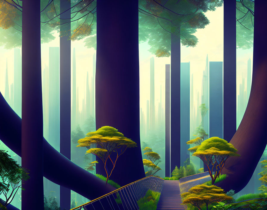 Illustration of forest merging with futuristic cityscape