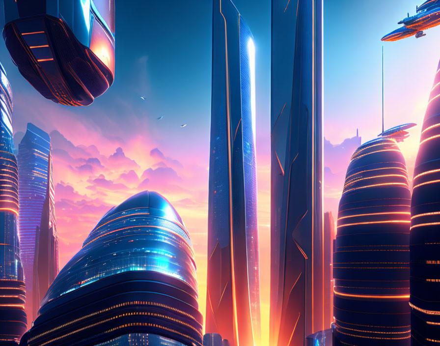 Futuristic cityscape with skyscrapers and flying vehicles at sunset