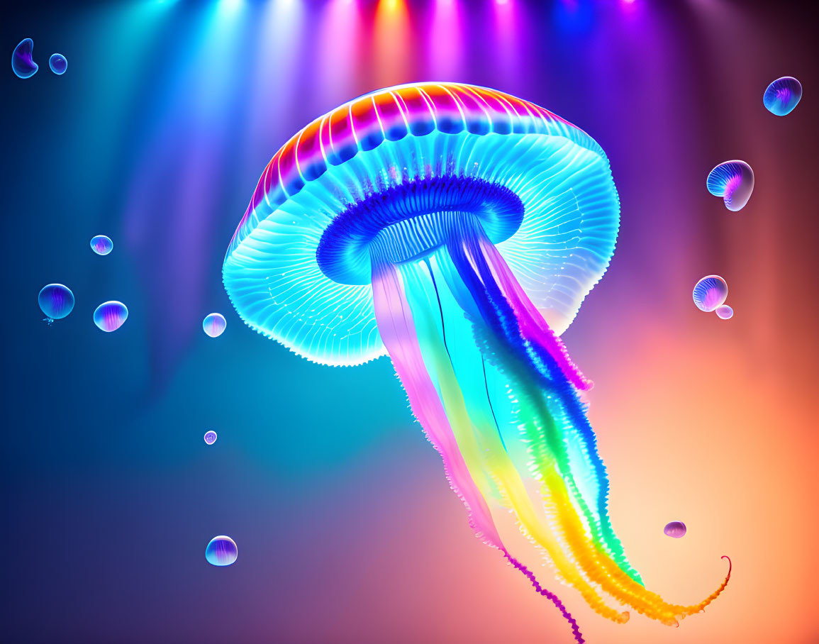 Vibrant jellyfish illustration on gradient background with bubbles