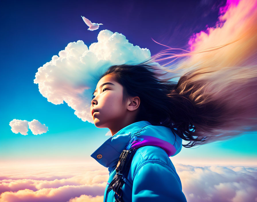 Young girl with flowing hair gazes at white dove in vibrant sky