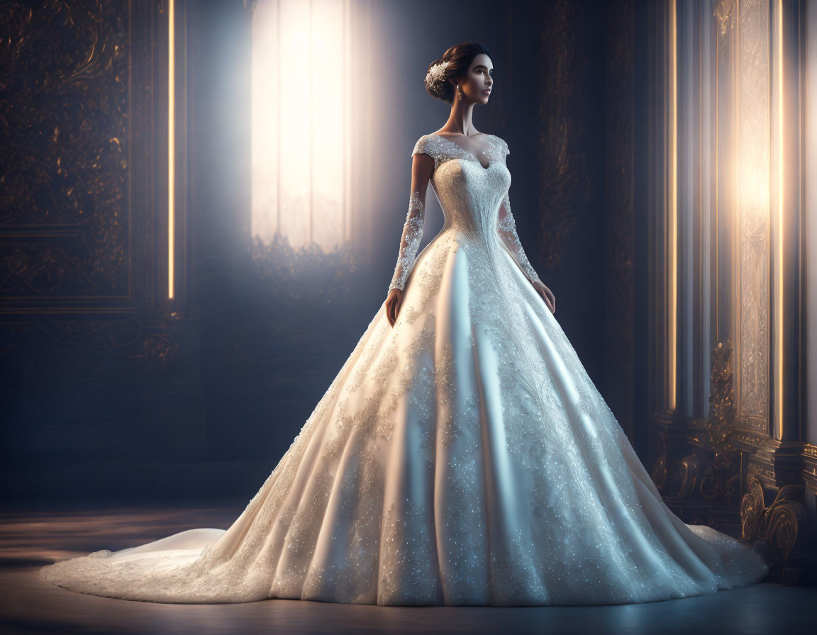 Elegant woman in white wedding dress in grand, sunlit room