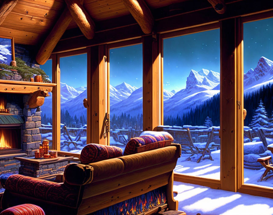 Warmly lit cabin interior with wooden architecture, cozy furnishings, and snowy mountain view.