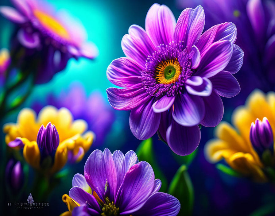 Vibrant purple flowers with intricate yellow centers on blurred floral backdrop