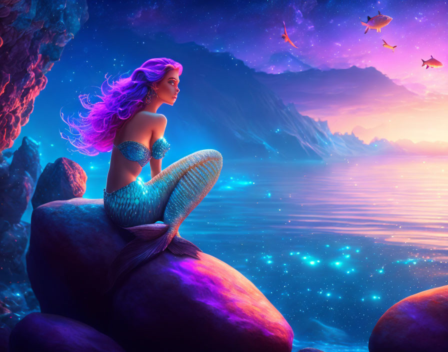 Purple-haired mermaid on rock at sunset with ocean view, starry sky, and fish.