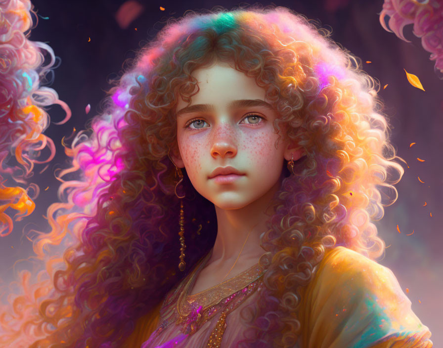 Portrait of girl with curly hair, freckles, and captivating eyes in colorful, dreamy setting