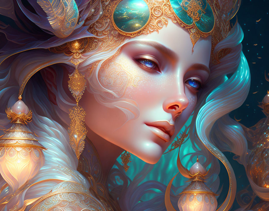 Fantasy illustration of woman with gold jewelry and ethereal glow