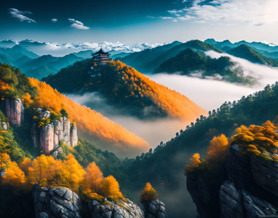 Traditional Pavilion in Mountain Landscape with Autumn Trees and Clouds