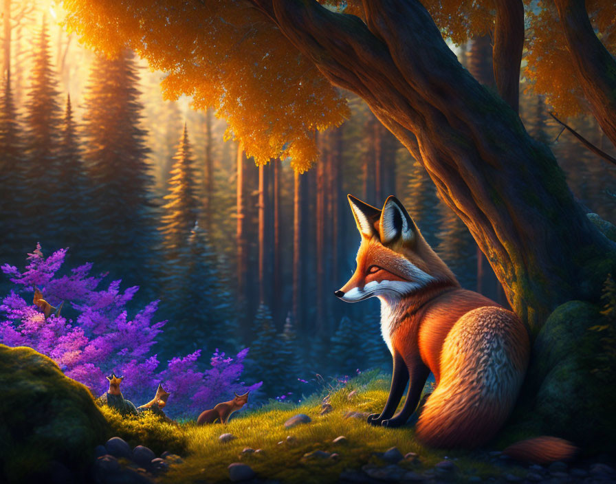 Colorful Fox Illustration Under Tree in Golden Sunlight