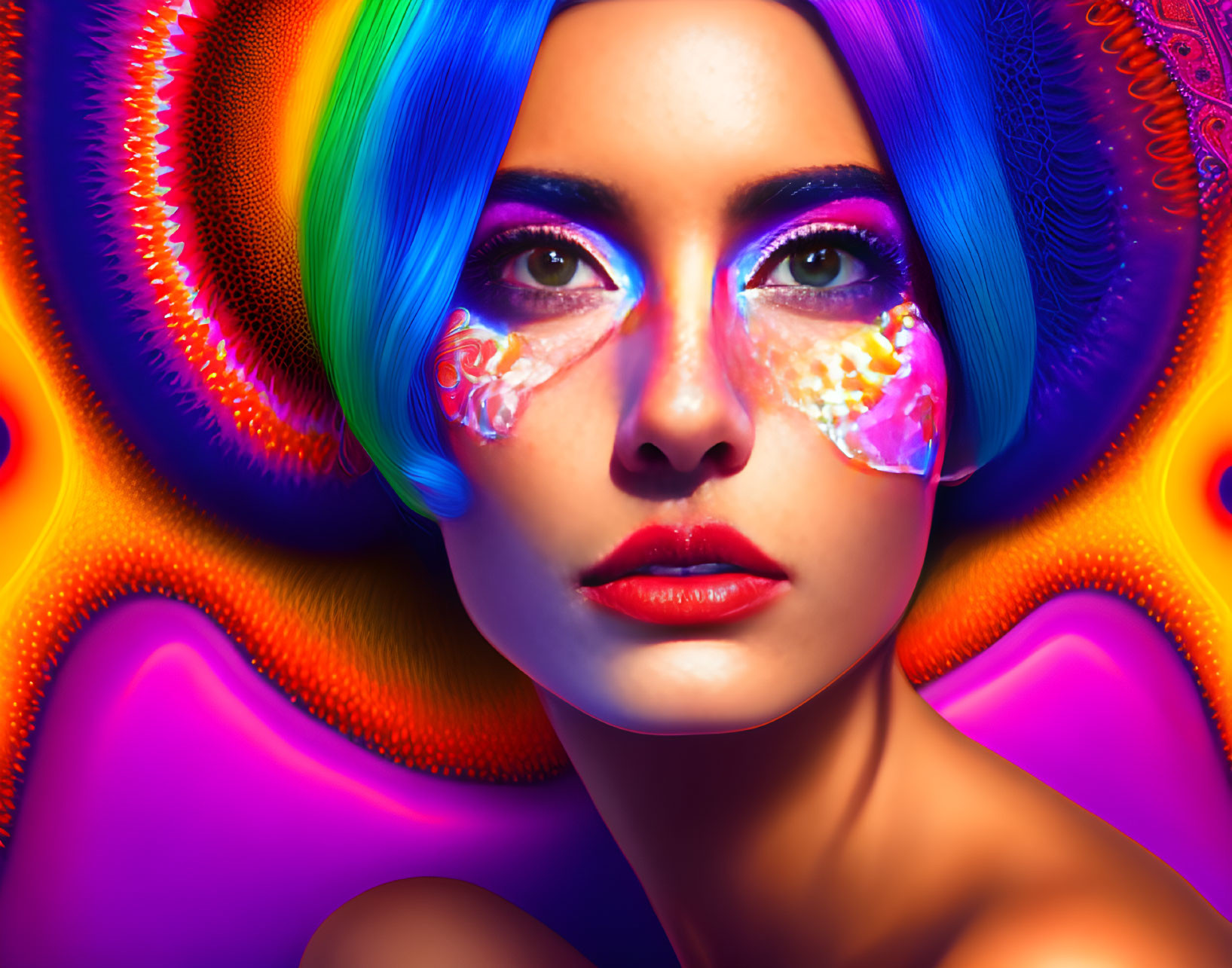 Colorful digital artwork: Woman with blue hair and striking makeup on psychedelic background