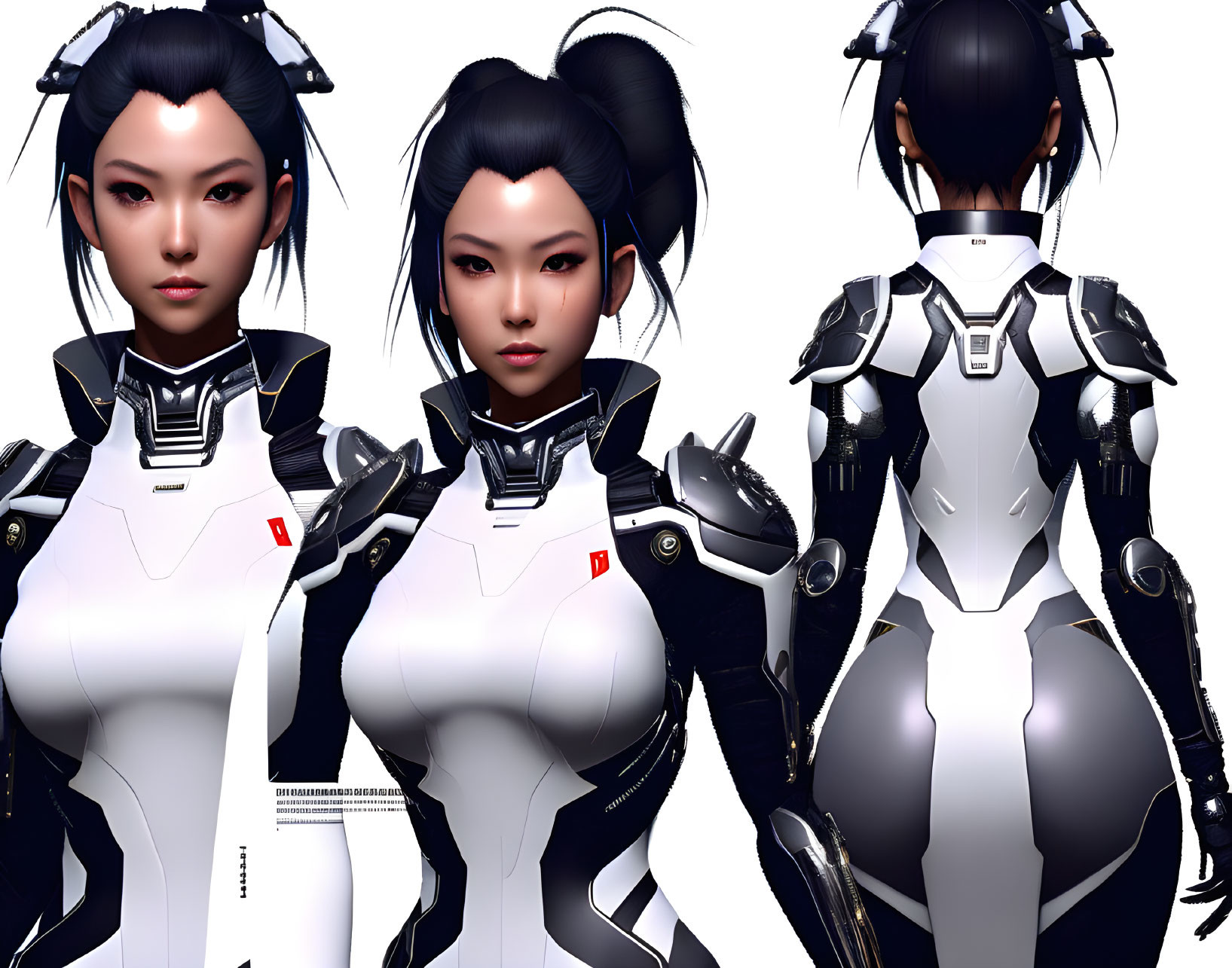 Female character in futuristic bodysuit: Asian features, front & back views